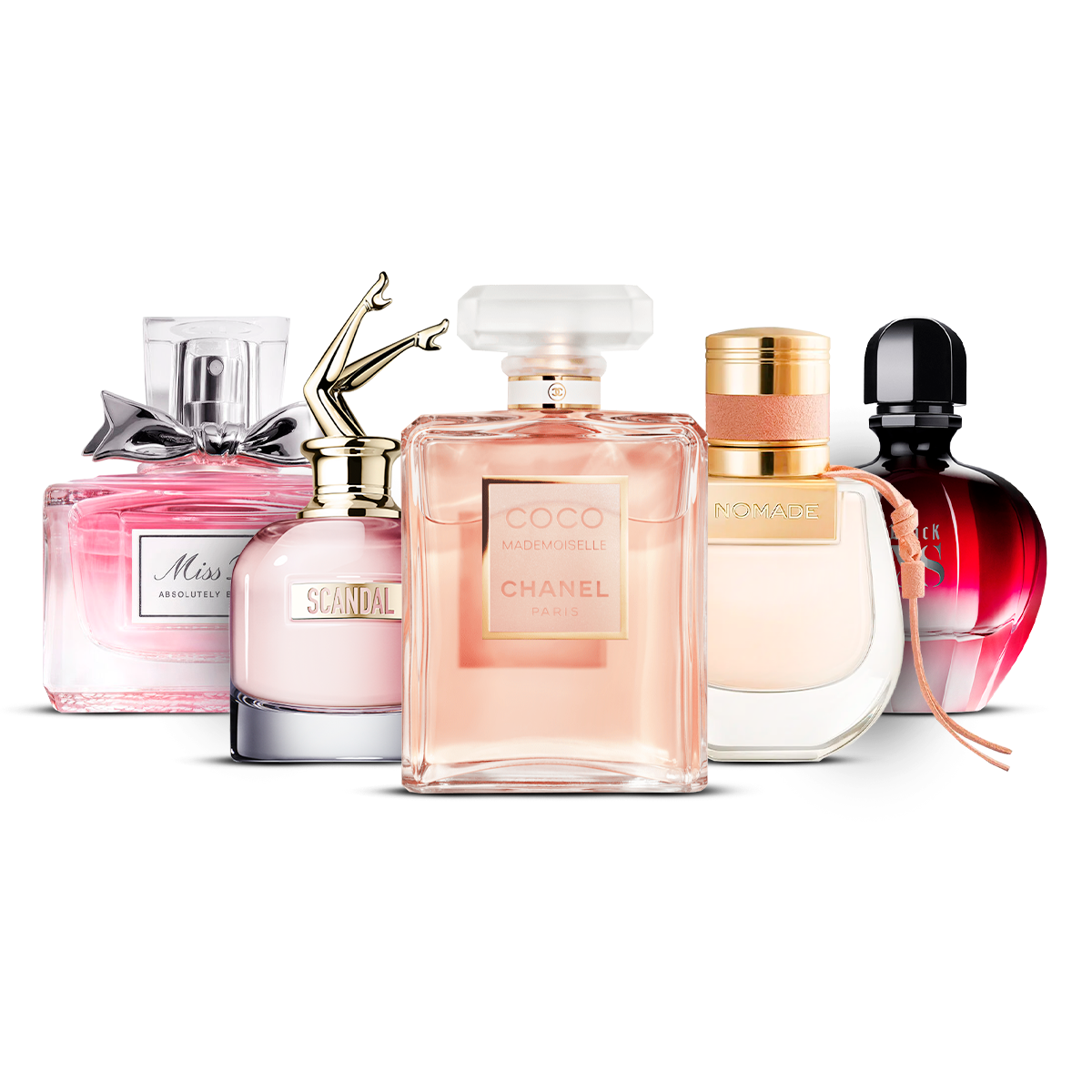 Kombination av 5 damparfymer – Miss Dior Absolutely Blooming, Scandal, Coco Mademoiselle, Nomade och Black XS [100 ml vardera]