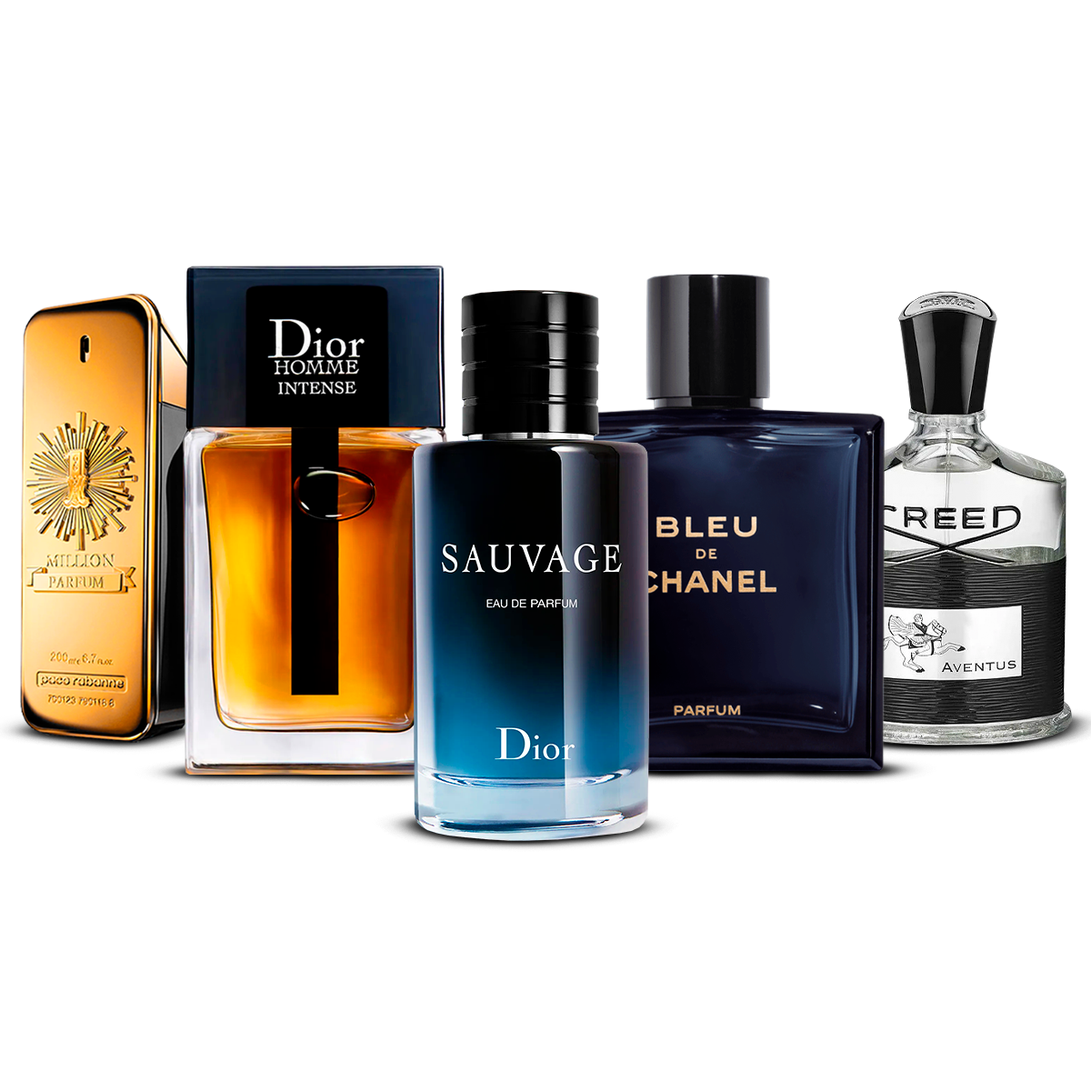 Kombination av 5 herrparfymer – 1 Million, Dior Homme Intense, Sauvage, Bleu de Chanel och Creed Aventus [100 ml vardera]