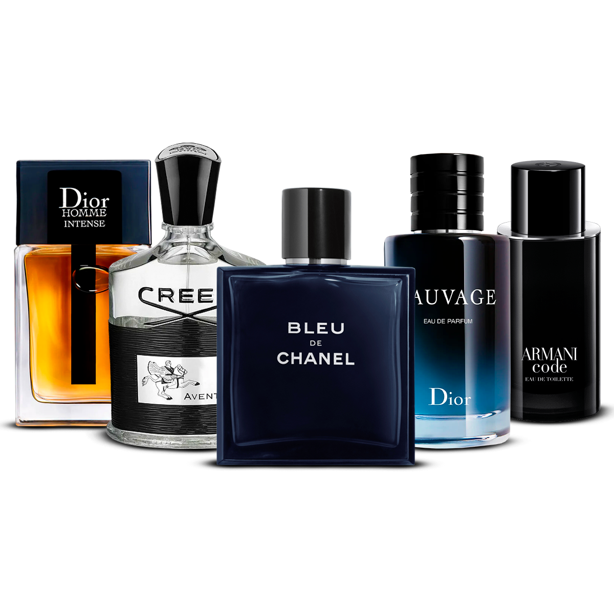 Kombination av 5 herrparfymer – Dior Homme Intense, Creed Aventus, Bleu de Chanel, Sauvage och Armani Code [100 ml vardera]