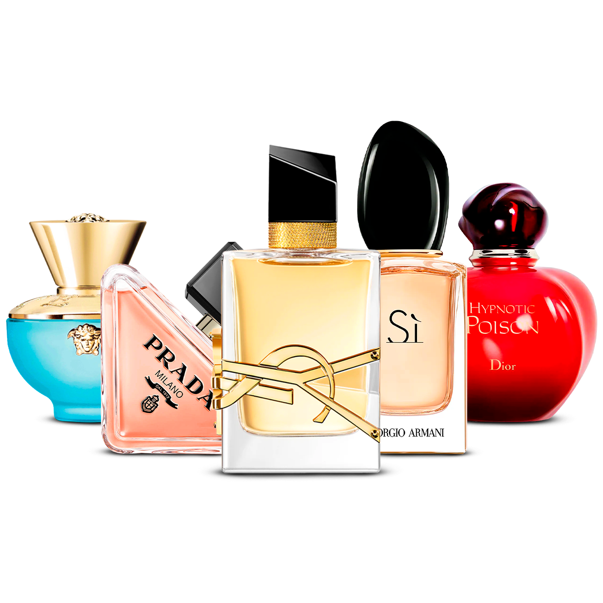 Kombination av 5 damparfymer – Versace Dylan Turquoise, Prada Paradoxe, Yves Saint Laurent Libre, Giorgio Armani Sì och Dior Hypnotic Poison [100 ml vardera]