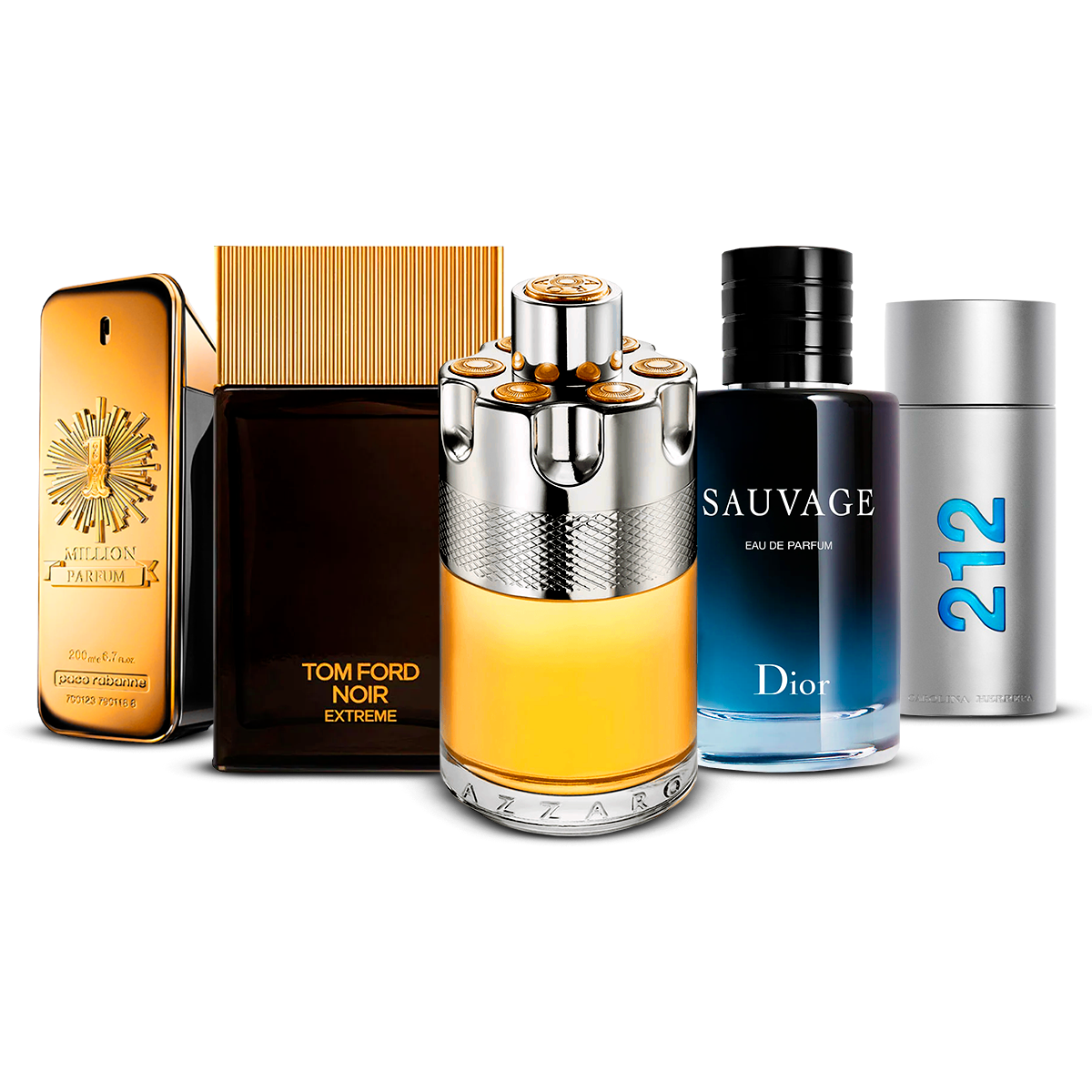 Kombination av 5 herrparfymer – 1 Million, Tom Ford Noir Extrême, Azzaro Wanted, Sauvage och 212 Men [100 ml vardera]