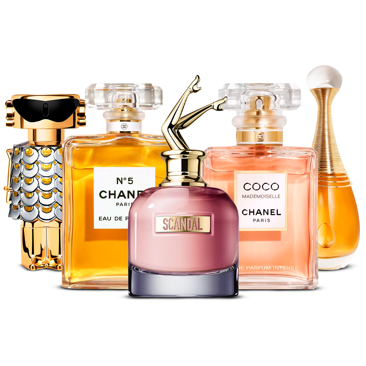 Kombination av 5 damparfymer – Fame, Chanel Nº5, Scandal, Coco Mademoiselle och J’adore [100 ml vardera]