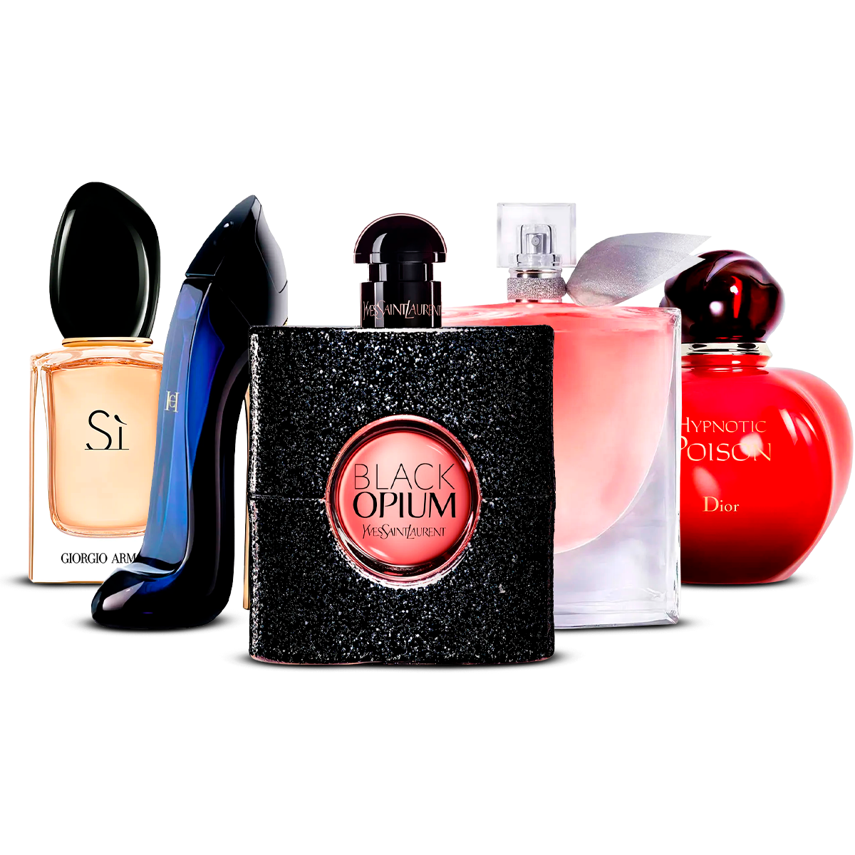 Kombination av 5 damparfymer – Sì, Good Girl, Black Opium, La Vie Est Belle och Hypnotic Poison [100 ml vardera]