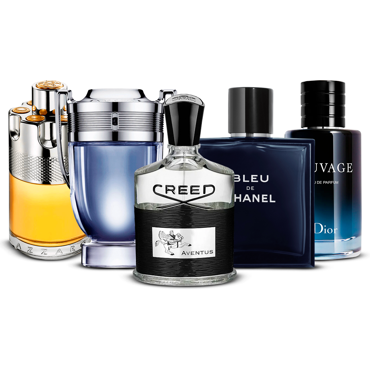 Kombination av 5 herrparfymer – Azzaro Wanted, Invictus, Creed Aventus, Bleu de Chanel och Sauvage [100 ml vardera]