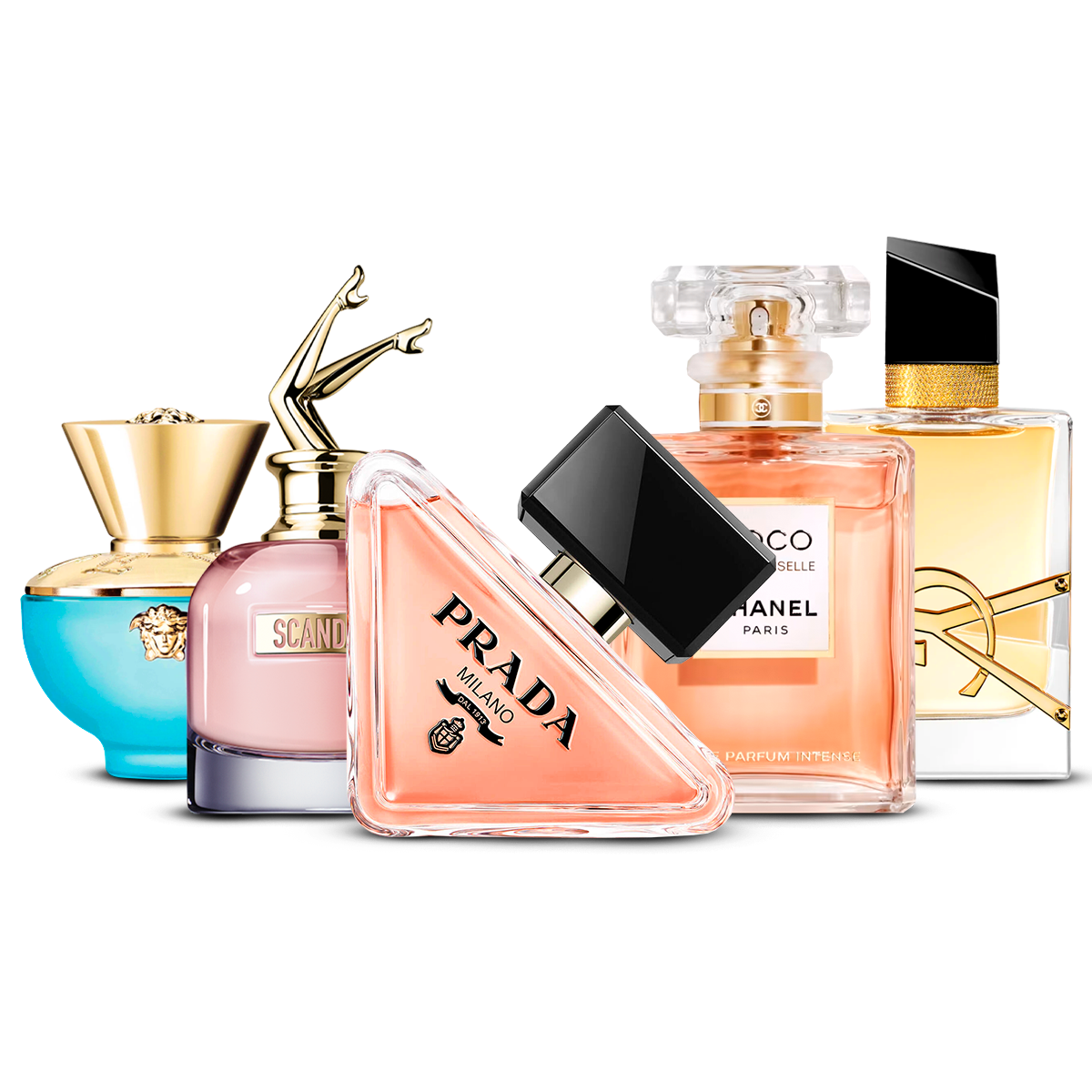Kombination av 5 damparfymer – Versace Dylan Turquoise, Scandal, Prada Paradoxe, Coco Mademoiselle och Yves Saint Laurent Libre [100 ml vardera]