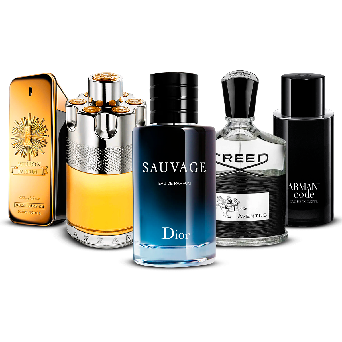 Kombination av 5 herrparfymer – 1 Million, Azzaro Wanted, Sauvage, Creed Aventus och Armani Code [100 ml vardera]