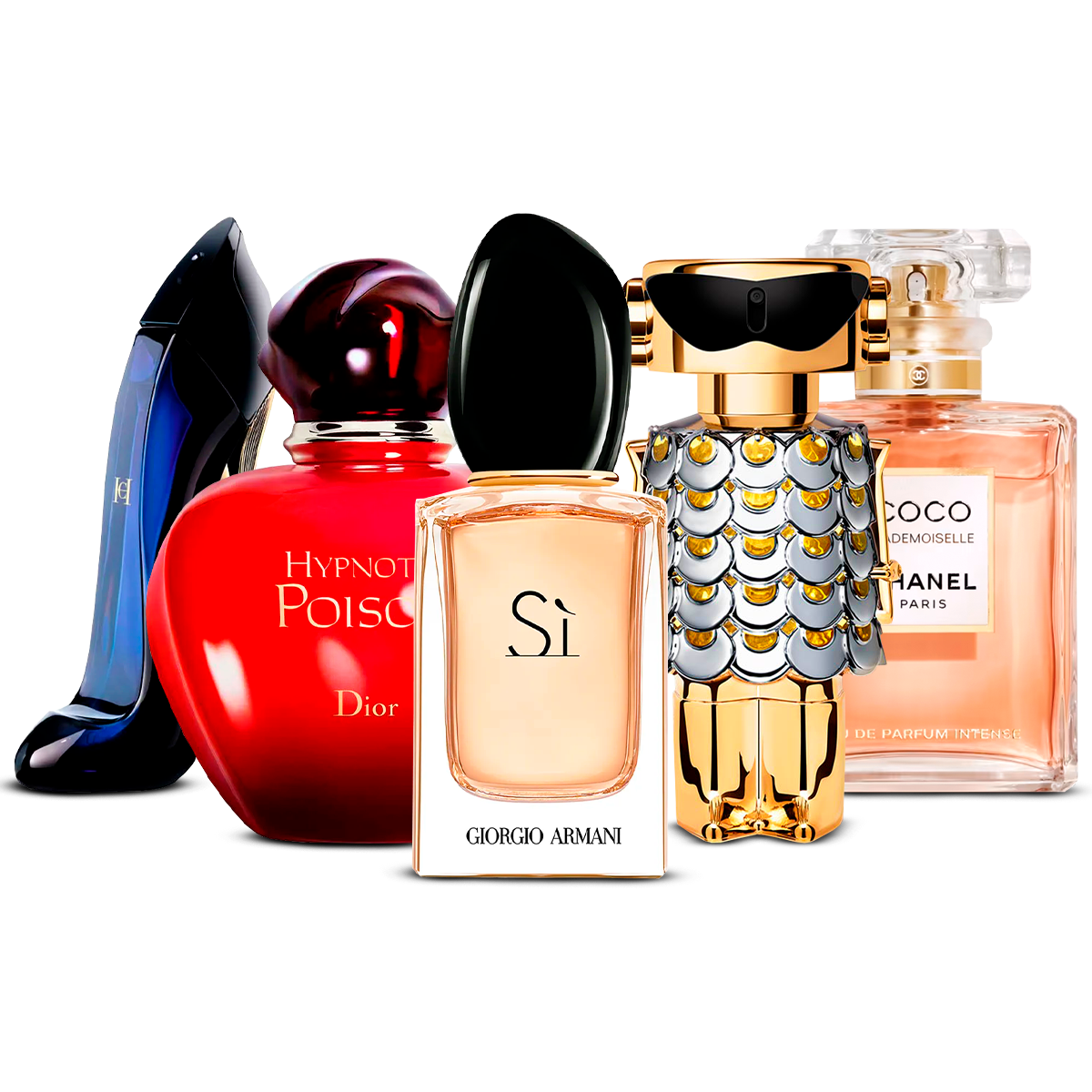 Kombination av 5 damparfymer – Good Girl, Hypnotic Poison, Sì, Fame och Coco Mademoiselle [100 ml vardera]