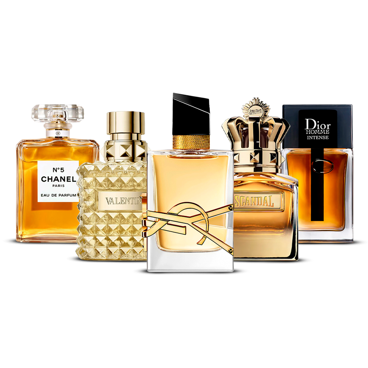 Kombination av 5 parfymer – Chanel Nº5, Valentino Uomo, Yves Saint Laurent Libre, Scandal Pour Homme och Dior Homme Intense [100 ml vardera]